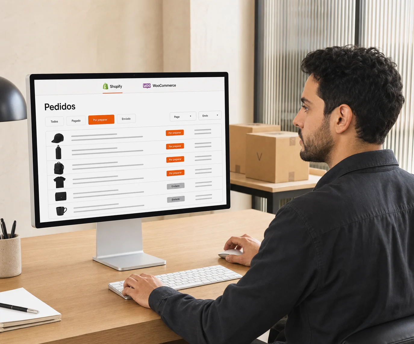 Panel de pedidos de Shopify y WooCommerce con estados de pago, preparación y envío