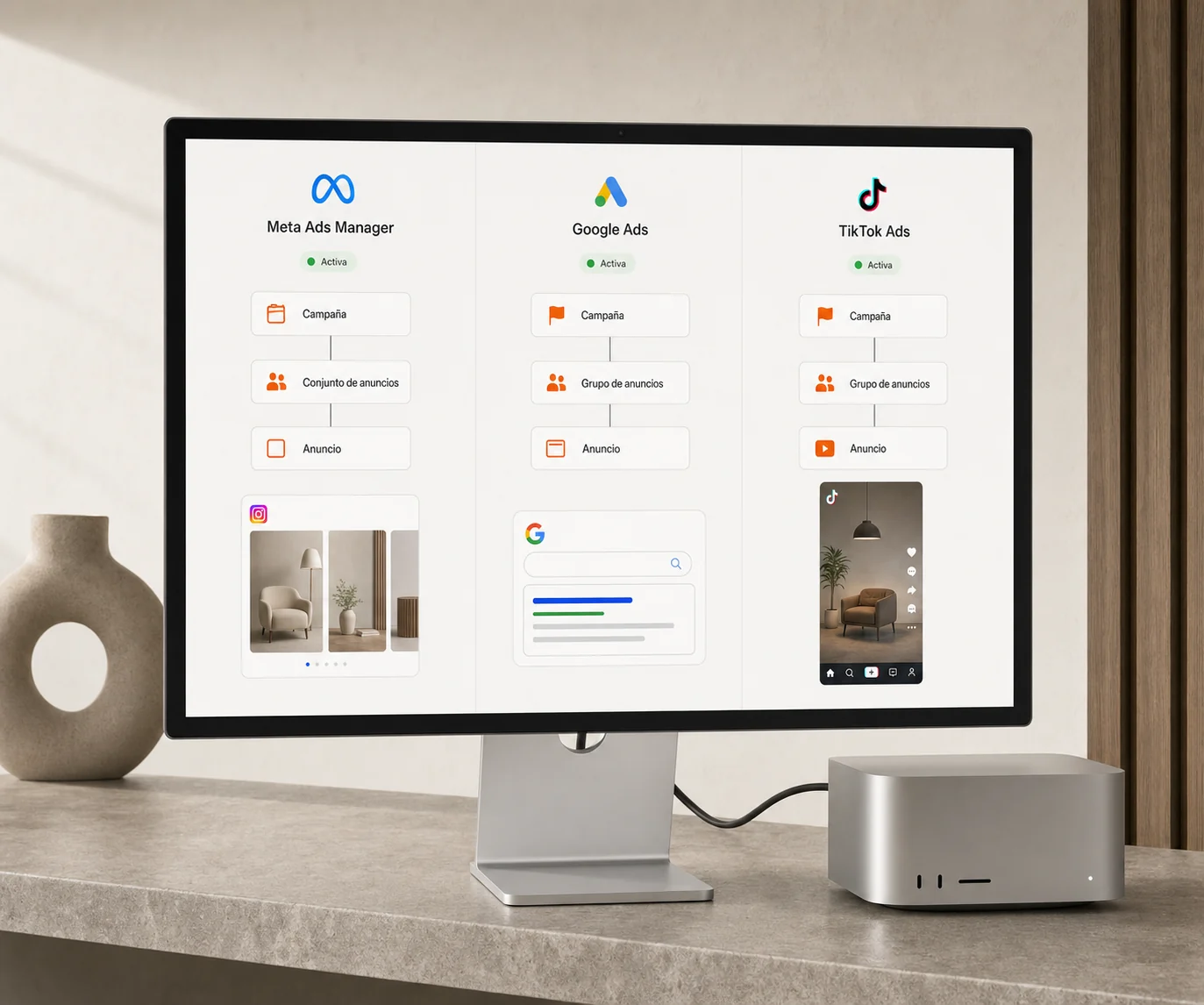 Arquitectura de campañas, grupos y anuncios avanzados en Meta, Google y TikTok Ads