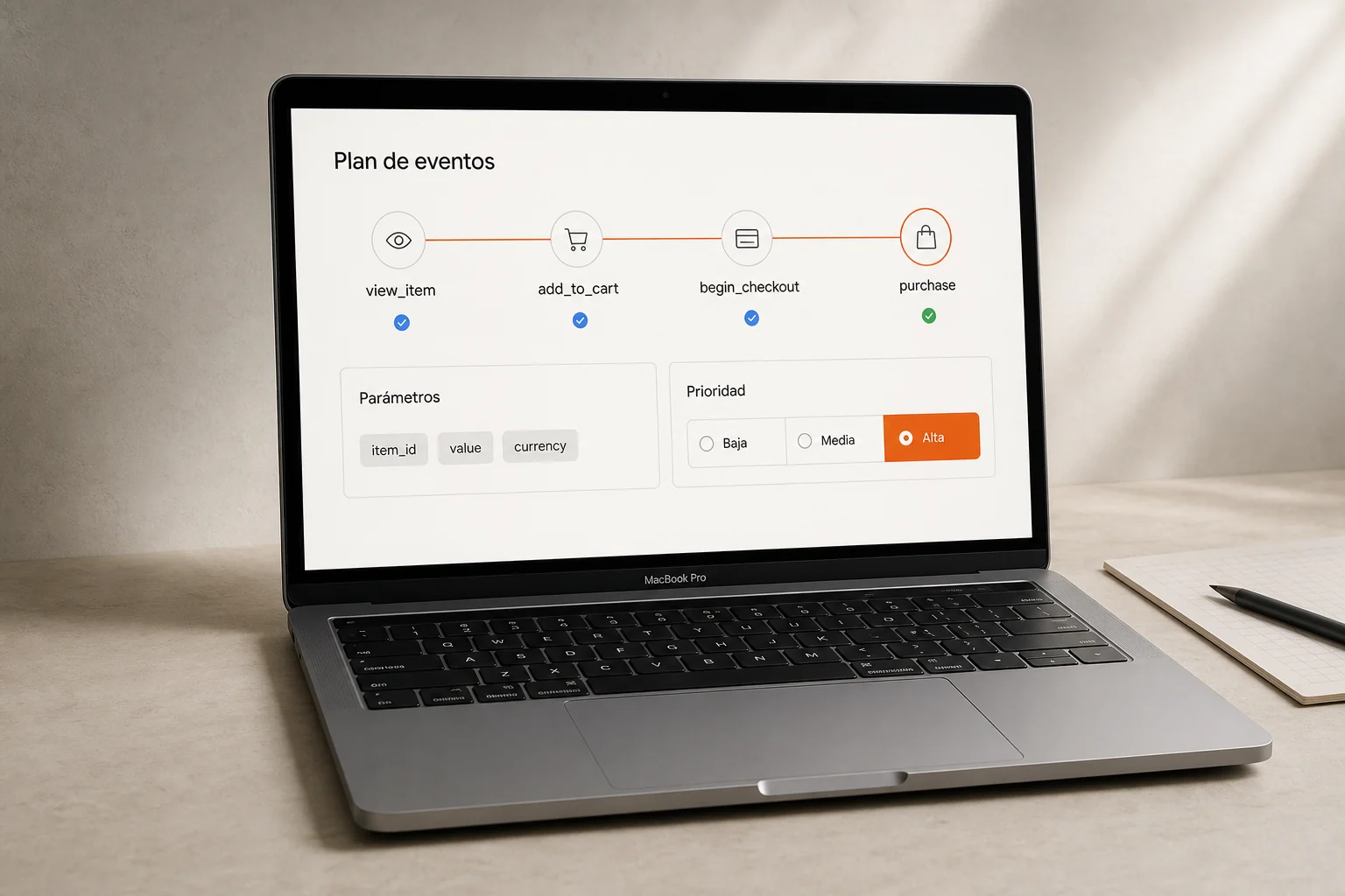 Plan de eventos de comercio electrónico y sus parámetros en un MacBook Pro