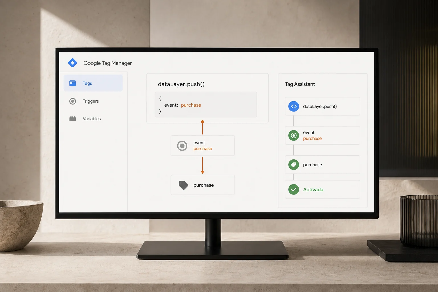 Flujo de dataLayer, activadores y etiquetas validado con Google Tag Manager y Tag Assistant