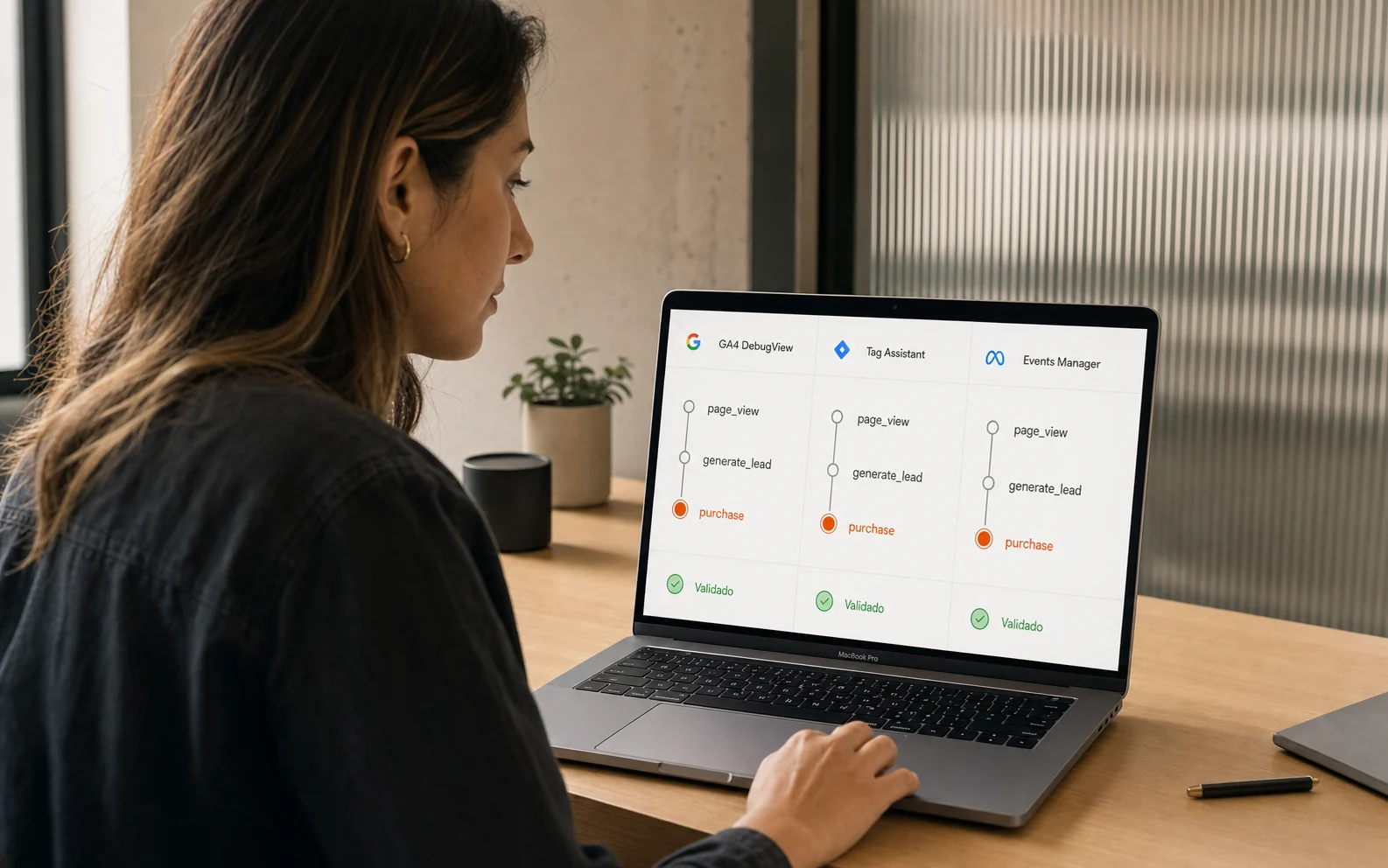 Especialista validando eventos en GA4 DebugView, Tag Assistant y Events Manager
